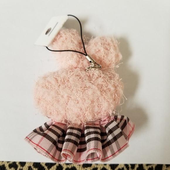 Kawaii Pink Plaid Fuzzy Character Keychain with Rhinestones New - Picture 2 of 3